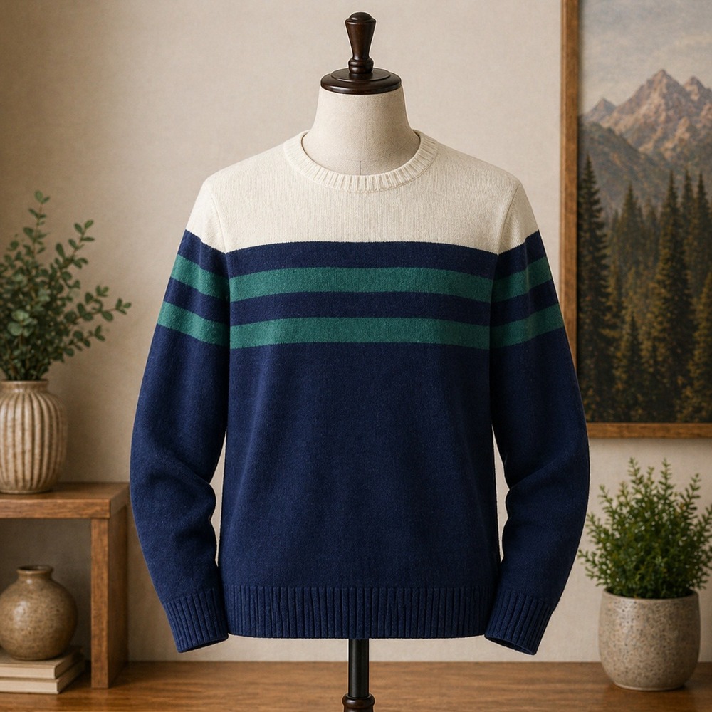 IZOD Mens Crewneck Sweater Navy‎ Cream Green Striped Colorblock Pullover Small
